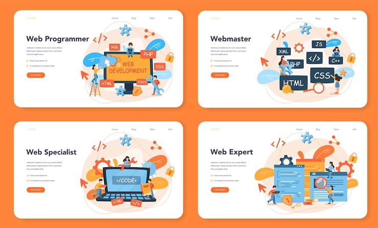 Vector web programming web layout or landing page set. coding, testing and writing program for website, using internet and different software. website development .