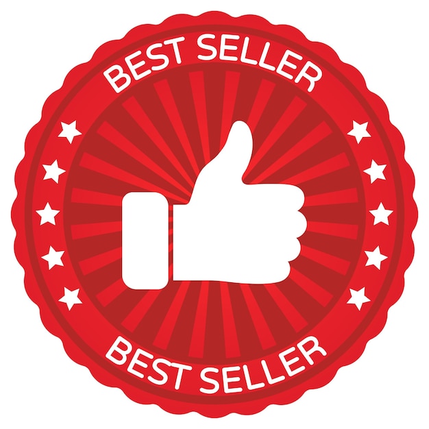 Web rode bestseller stempel sticker met duim omhoog pictogram vectorillustratie