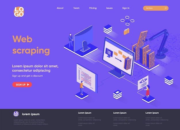 Vector web scraping 3d isometric landing page illustration with people characters