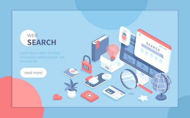 Web search engine Search page on the monitor screen voice searching result elements Isometric ve