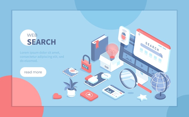 Веб-поисковая система Поисковая страница на экране монитора Голосовой поиск элементов результата Изометрическая ve