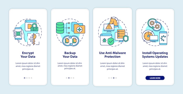 Suggerimenti per la sicurezza della ricerca sul web durante l'inserimento della schermata della pagina dell'app per dispositivi mobili. procedura dettagliata per la protezione dei dati in quattro passaggi, istruzioni grafiche con concetti. modello vettoriale ui, ux, gui con illustrazioni a colori lineari