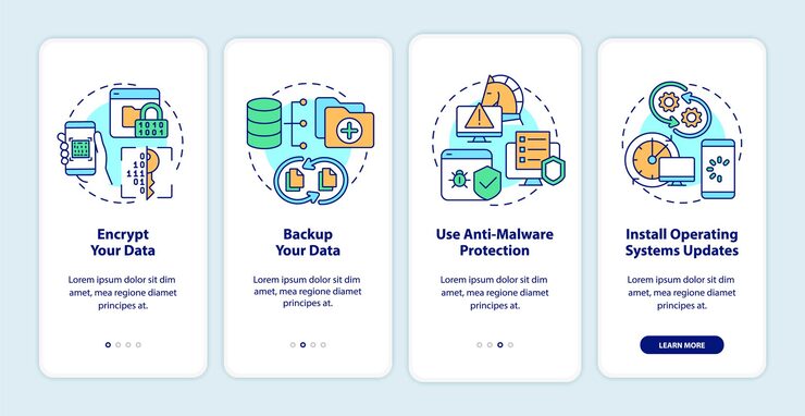 Vector 搜索安全提示:在移动应用程序页面屏幕上插入 数据保护步骤:四个步骤 有概念的图形说明 ui ux gui矢量模板,带有线性颜色插图