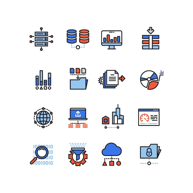 Web security cloud computing technology big data analysis line icons 