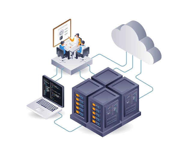 Web server application system development team flat isometric 3d illustration infographic