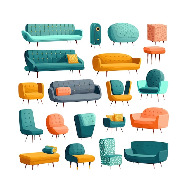 Web Set van trendy banken stoelen fauteuils Ottomanen en banken met kussens in retro midcentury stijl Geïsoleerd op achtergrond Cartoon platte vectorillustratie