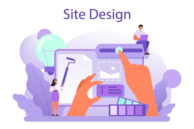 Vettore concetto di design del sito web presentazione di contenuti sulle pagine web composizione del layout del sito web e sviluppo del colore idea di tecnologia informatica illustrazione vettoriale piatta