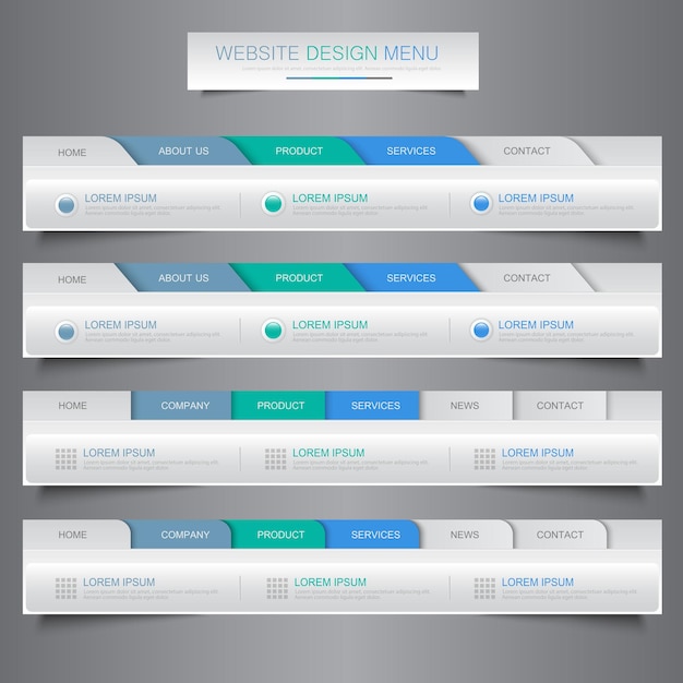 Web site design menu navigation elements with icons set Navigation menu bars vector design