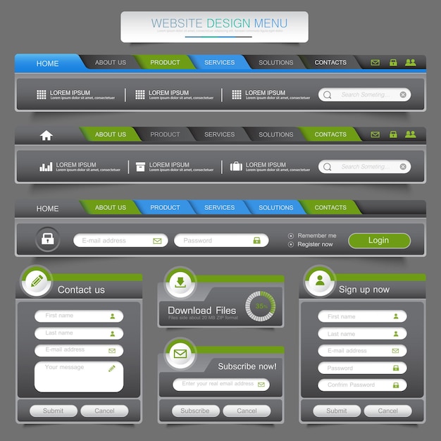 Vector web site design menu navigation elements with icons set navigation menu bars vector design