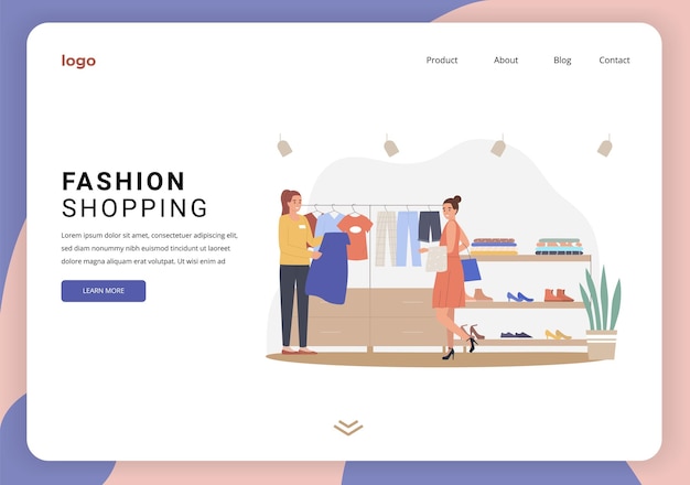 Modello di pagina di destinazione del sito web per lo shopping di moda online con i personaggi del venditore e dell'acquirente e il posto per l'illustrazione vettoriale piatta del logo