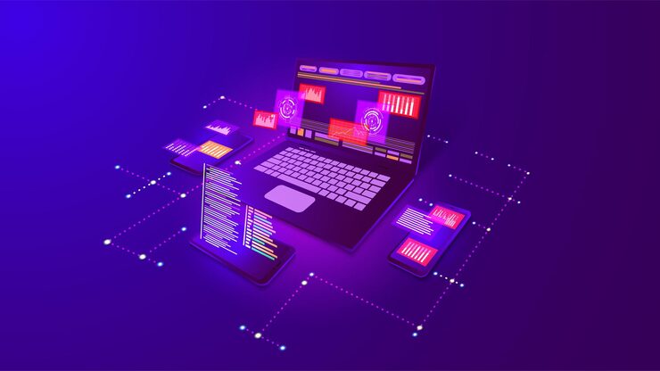 Vector web software digital website application mobile technology tool platform computer program data devices connection business development laptop and smartphones vector concept banner