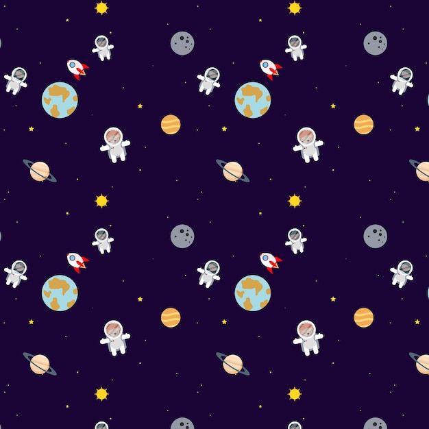 Web space with astronauts stars planets spaceship seamless pattern on a blue background