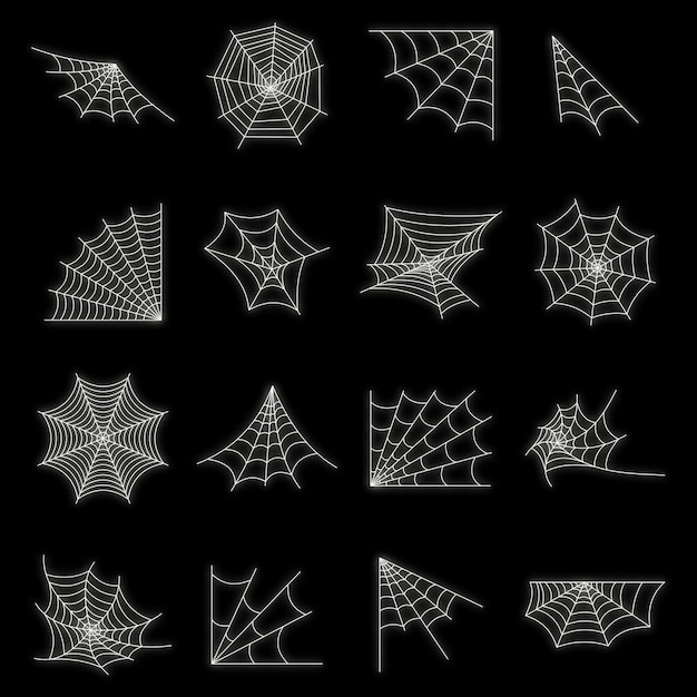 Vector web spider cobweb icons set outline illustration of 16 web spider cobweb vector icons neon color on black