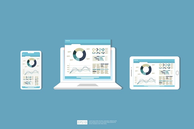 Web statistics analytic charts on laptop device screen Flat vector infographic trend graphs information report concept for planning and accounting analysis audit management marketing illustration