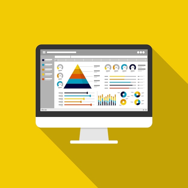 コンピューター画面アイコン上の web 統計分析グラフ計画と会計分析監査管理マーケティングの図のためのフラット ベクトル インフォ グラフィック傾向グラフ情報レポートの概念