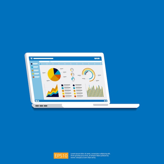 ベクトル ラップトップ画面アイコン上の web 統計分析グラフ計画と会計分析監査管理マーケティングの図のためのフラット ベクトル インフォ グラフィック傾向グラフ情報レポートの概念