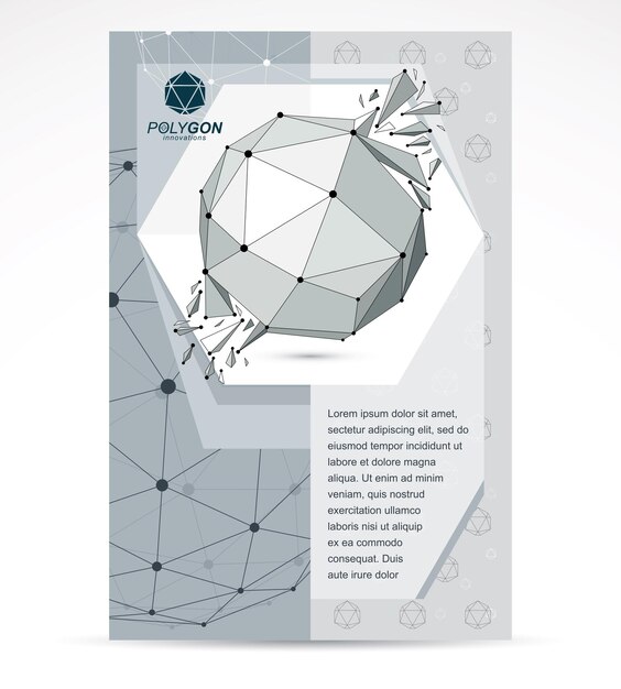 웹 기술 회사 소책자 표지 디자인. 3d 종이접기 추상 그레이스케일 메쉬 개체, 부러진 골절이 있는 벡터 추상 디자인 요소.