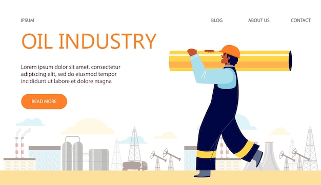 Web template for interface of website about oil industry with illustration of factory worker who car