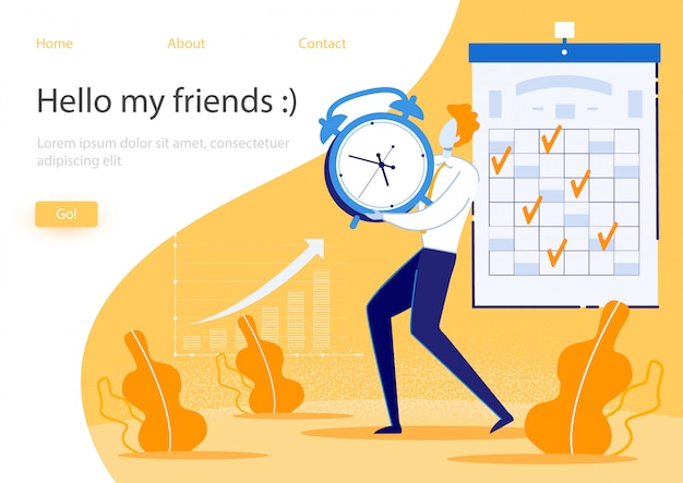 Vector web template or landing page with illustration. completed tasks are marked on calendar, growth indicators on graph. guy carries heavy watch