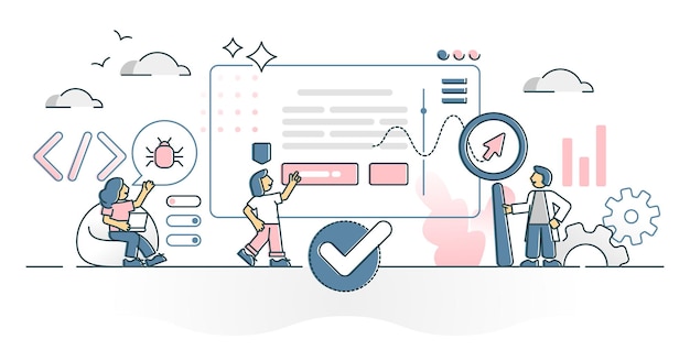 web testing as website bugs and coding errors search process outline concept. programming mistakes catching and correction vector illustration. user experience simulation and system improvement scene.