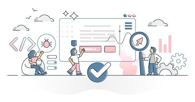 Test web come bug del sito web ed errori di codifica concetto di struttura del processo di ricerca. errori di programmazione che catturano e correggono l'illustrazione vettoriale. scenario di simulazione dell'esperienza utente e miglioramento del sistema.