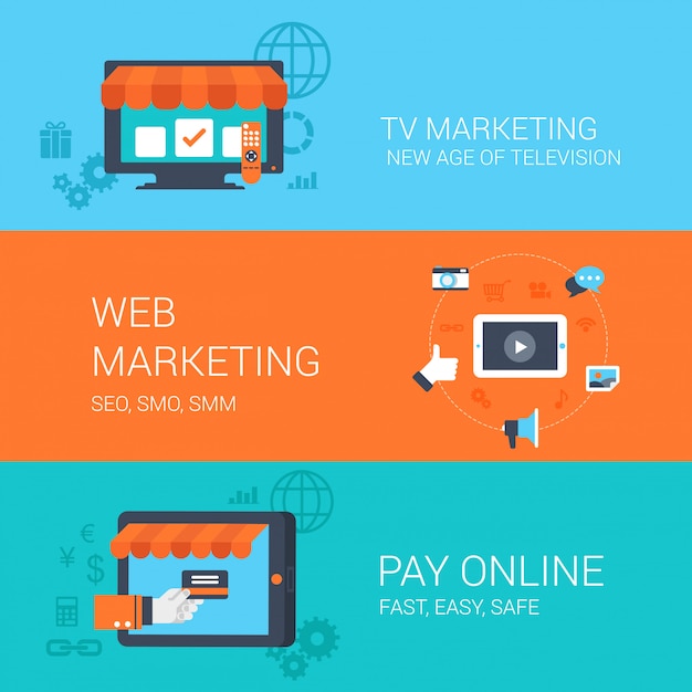 Web tv marketing online payment concepts flat style illustrations.