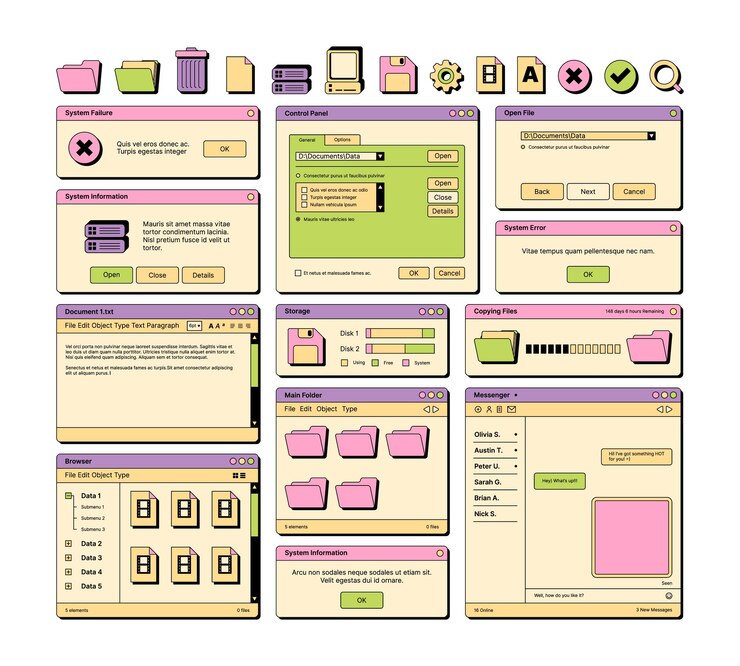 Vector web ui jaren 90 lay-out schermelementen frame pagina's banners pictogrammen scheidingslijnen en knoppen opzichtig vector ui-sjablonen