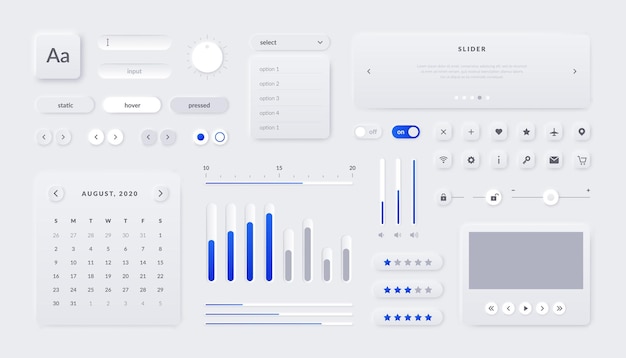 Vector web ui-kit. mobiele applicatie en webpagina-interface-elementen met knoppenveldschuifregelaars en kalender. vector illustratie responsieve ux grafische ontwerpsjabloon voor site navigeren
