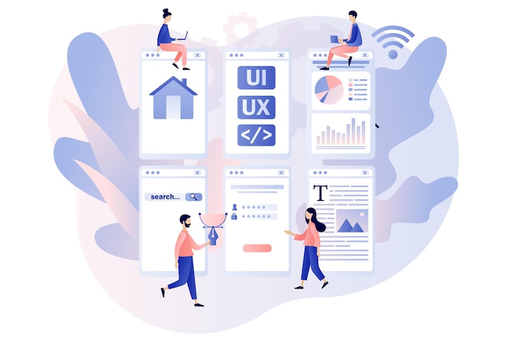 Vector web ui-ux design pages. mobile app development, coding, application design, web building concept