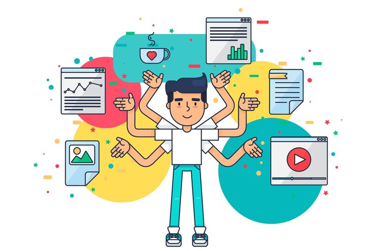 Vector web ui ux designer with cup,design, seo, web tools for app, page, template, document, framework. creative employee with many hands is working on application, programming, website development. vector