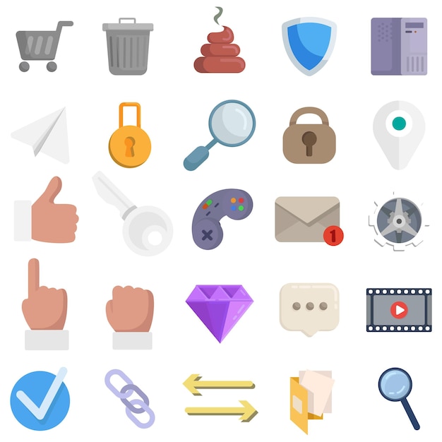 Web vector clip art set with like icon lock PC computer map pin gamepad folder shit check icon