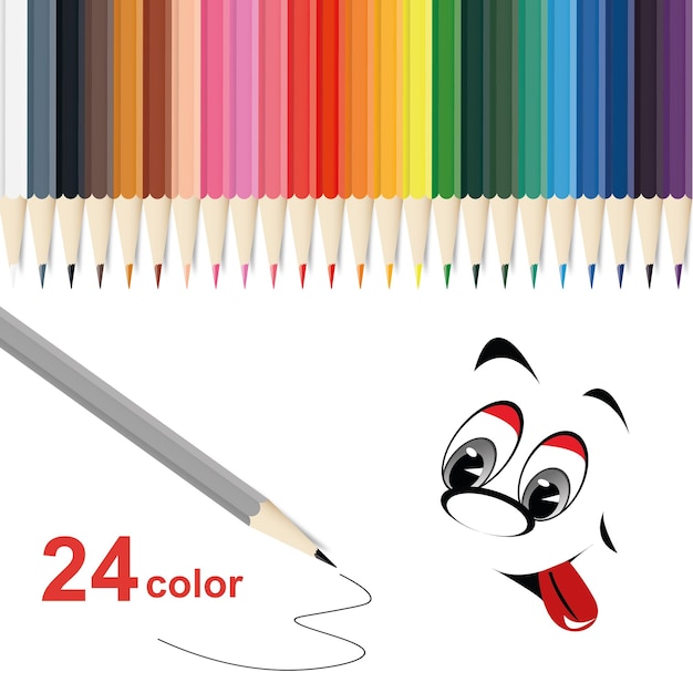 무지개 스타일 색연필의 Web24 색연필 세트 여러 가지 빛깔의 연필과 재미있는 얼굴이 있는 흰색 배경에 학교 테마의 벡터 그림