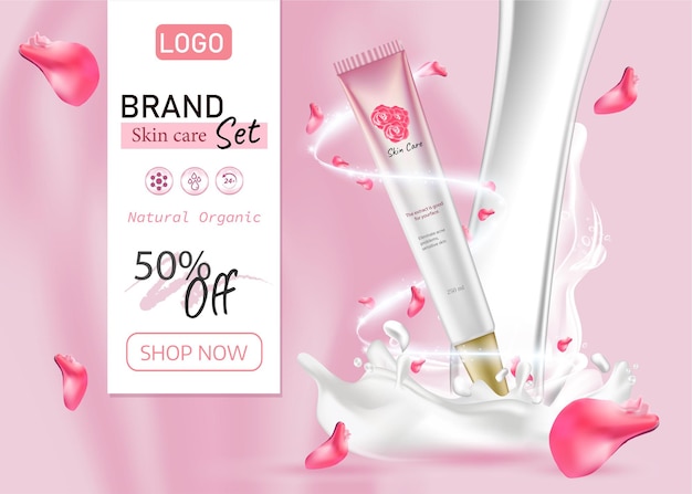 Collezione di cosmetici moda webads cura della pelle con petali di fiori di rosa color pastello stile organico