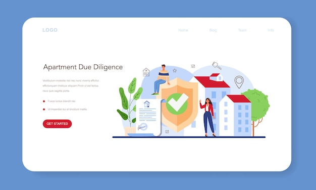 Webbanner of bestemmingspagina van een makelaar. Gekwalificeerde makelaar op zoek naar de beste appartementoptie. Vastgoedselectie en technische inspectie. Platte vectorillustratie