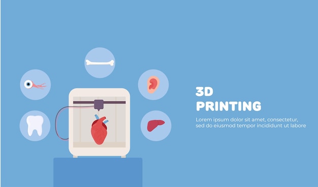 webbanner set 3D-printen bioprinting kunstmatige organen protheses synthetisch lever arm oor oog bot hart vectorillustratie