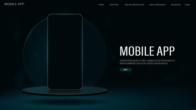Webbanner voor mobiele apps en online winkel Smartphone op het podium met een glazen cirkel