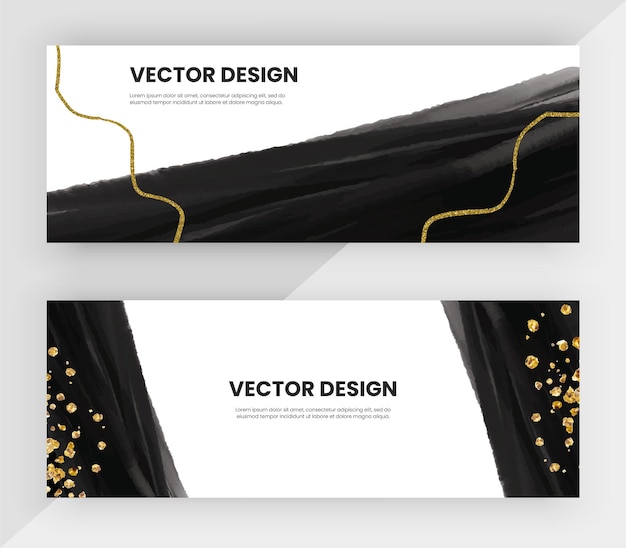 Webbanners met zwarte waterverf en gouden glittertextuur vectorontwerp