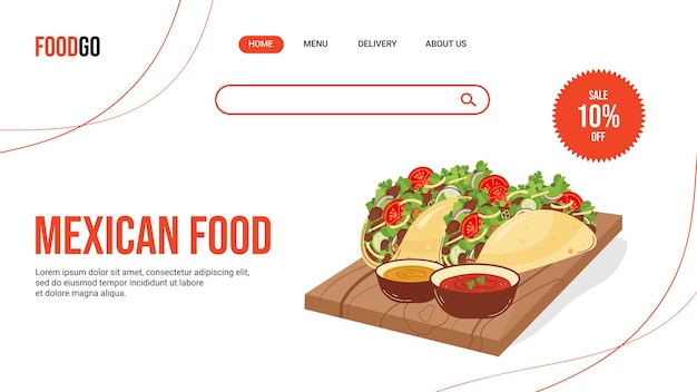 Webbannersjabloon voor Latijns-Amerikaanse website voor voedselbezorging Traditionele Mexicaanse taco's Platte vectorillustratie