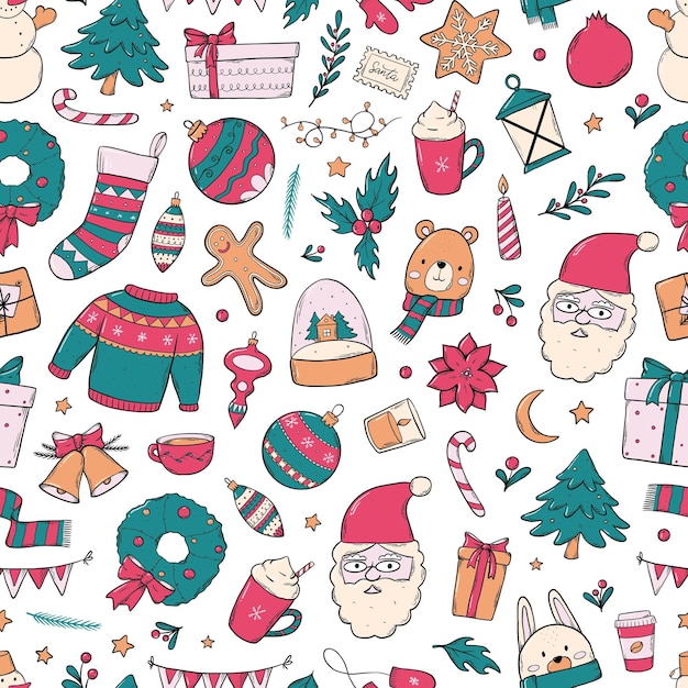 Vector webchristmas seamless pattern with cute doodles for textile prints wallpaper backgrounds
