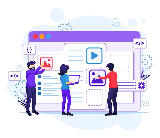 Webconcept, mensen die een webtoepassing maken, inhoud en tekst plaatsen illustratie