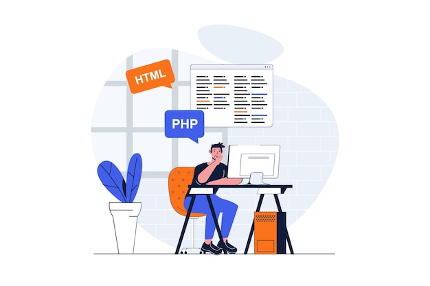 Webconcept programmeren met karakterscène man aan het werk met php- en html-talen en programma maken mensensituatie in plat ontwerp vectorillustratie voor marketingmateriaal voor sociale media