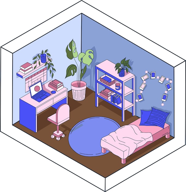 Webcute isometric room cozy room with a table bed and shelving bedroom vector