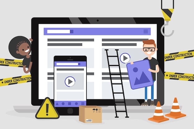 Webdesign en -ontwikkeling site in aanbouw een team van jonge professionals die werken aan een bestemmingspagina platte vectorillustratie-illustraties millennials aan het werk digitale creatieve industrie