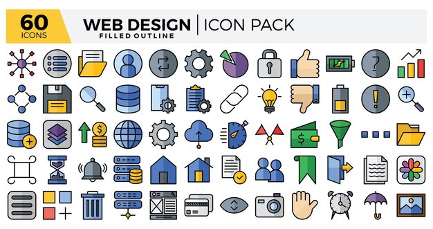 Vector webdesign gevulde omtrek iconen set de collecties bevatten voor webdesign app design