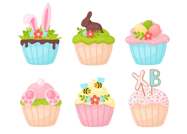 Vector webeaster cupcakes in cute cartoon style vector set