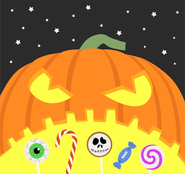 WebHalloween. Trick or treat. Candy in a pumpkin. Vector collection. Creepy and fun happy