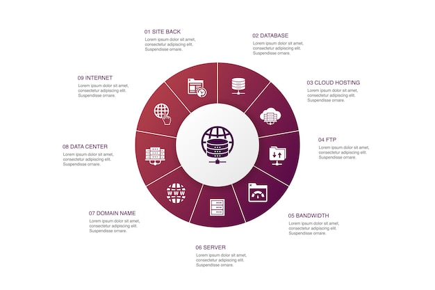 Webhosting Infographic 10 stappen cirkel ontwerp. Domeinnaam, bandbreedte, database, internet eenvoudige pictogrammen