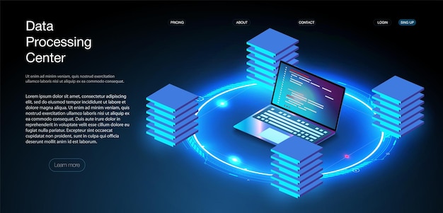 Webhosting of programmeerconcept. Ontwikkeling van webprogrammering, laptop met UI UX-interface. Computer web datacenter server isometrische landing vector pagina. vector illustratie