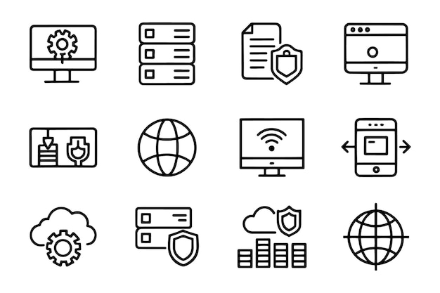 Webhosting server CDN VPN gerelateerde bewerkbare icoon set geïsoleerde platte vector illustratie witte achtergrond
