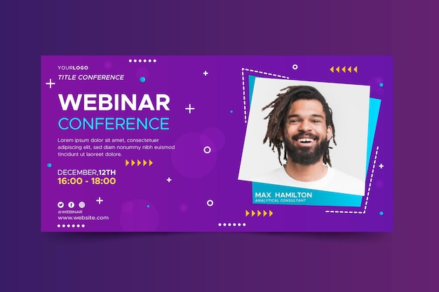 Webinar banner with abstract shapes and photo